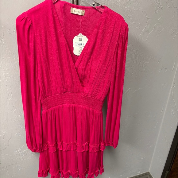 Altard State Mini Ruffled Tiered Long Sleeve Smocked Waist in Fuschia, Medium - Picture 2 of 7